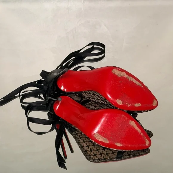 Christian Louboutin Black Lace Peep-Toe Ribbon Tie Pumps with Red Sole - Picture 2 of 9